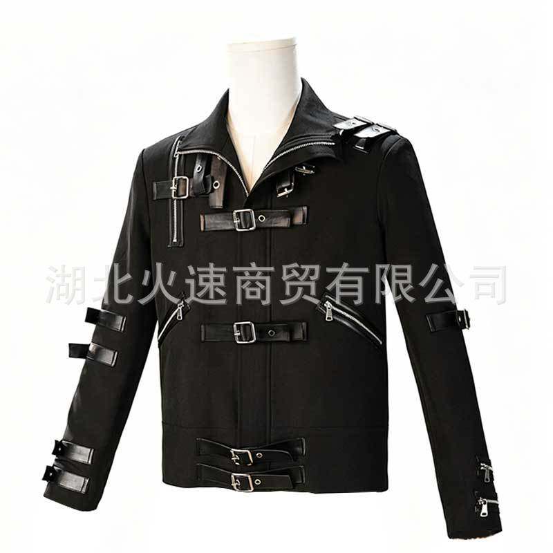 跨境迈克杰克逊演出服服经典同款黑色皮夹克舞台服