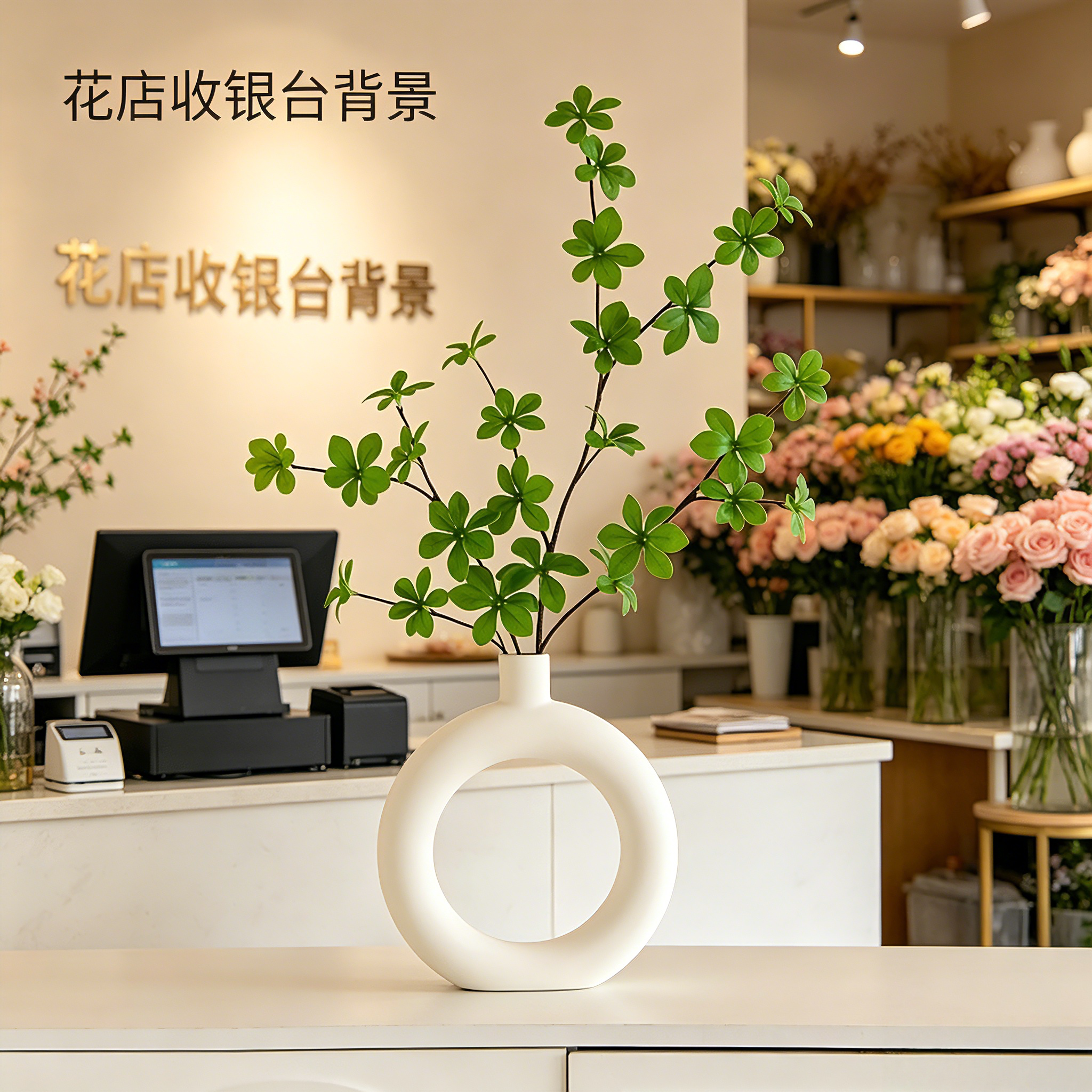 墙面花瓶花店收银台旁意式极简风