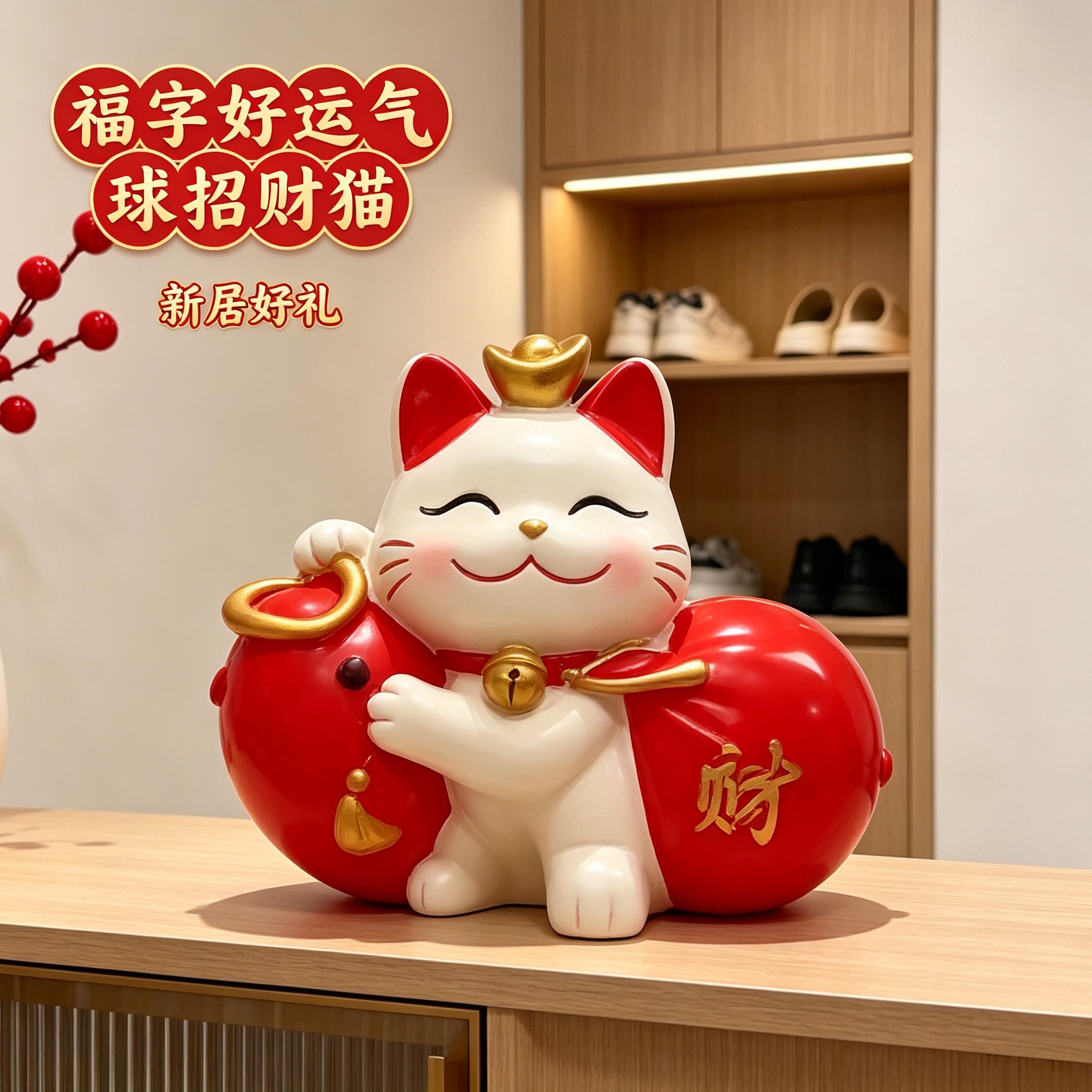 福字好运气球招财猫摆件入户玄关客厅酒柜氛围感软装乔迁新居伴