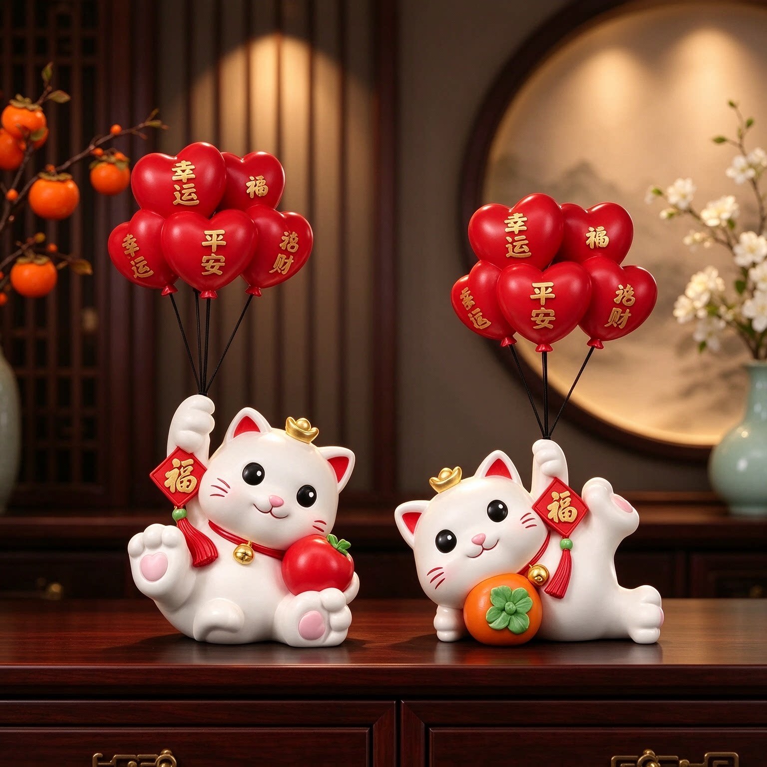 酒柜大号招财猫柿子摆件简约现代新房布置工艺品摆件新中式国风