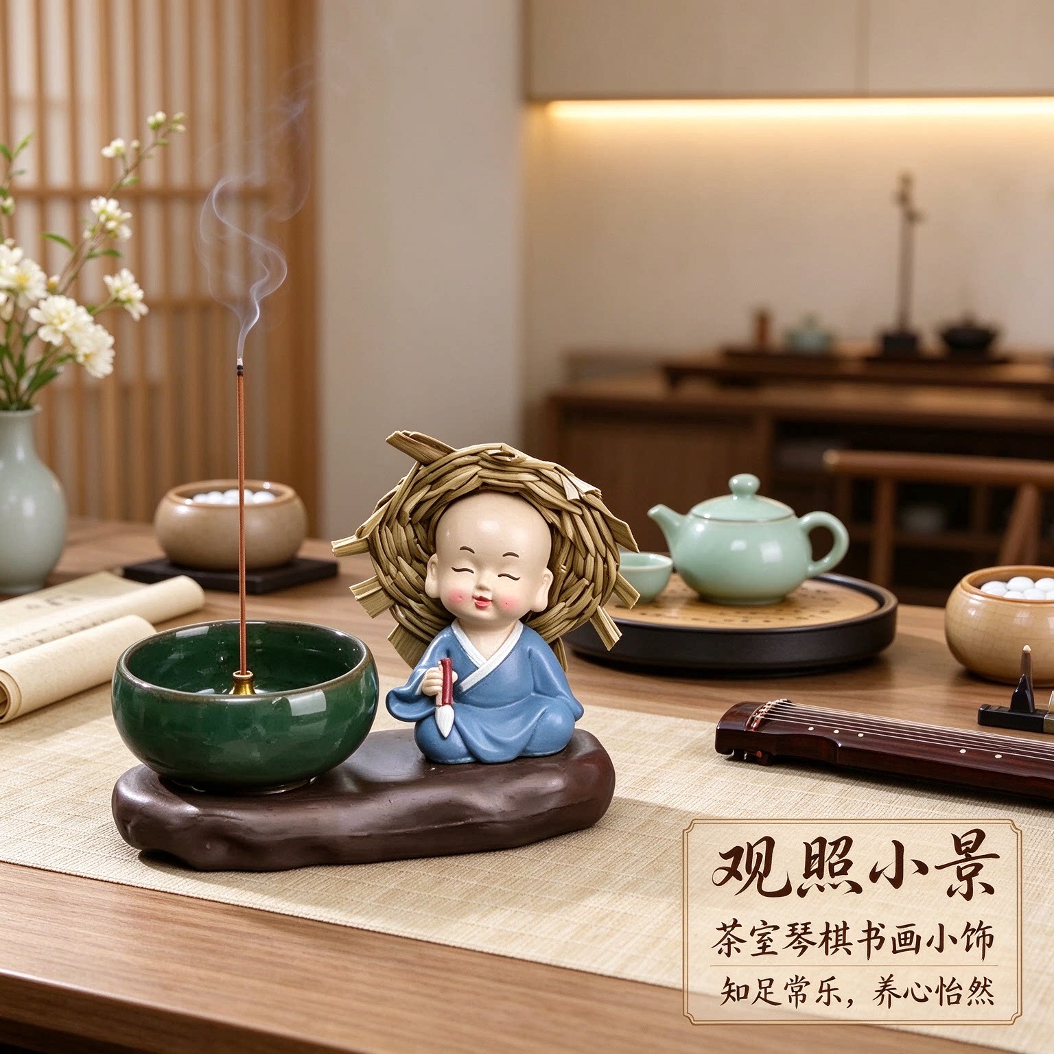 新中式小和尚茶宠有趣琴棋书画茶室摆件工艺品静心养心知足常乐