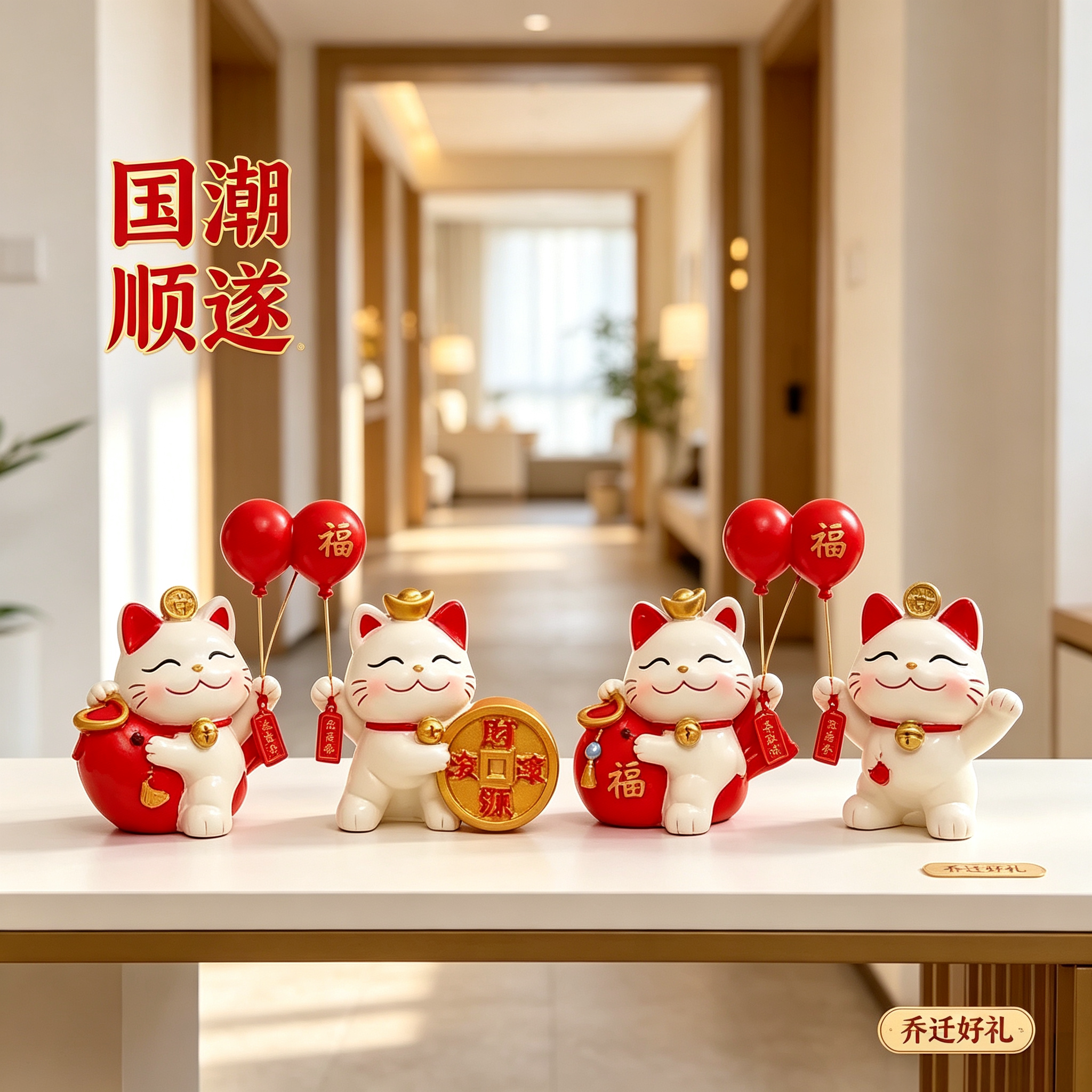 国潮顺遂招财猫气球摆件玄关电视柜酒柜家居软装乔迁入伙寓意馈
