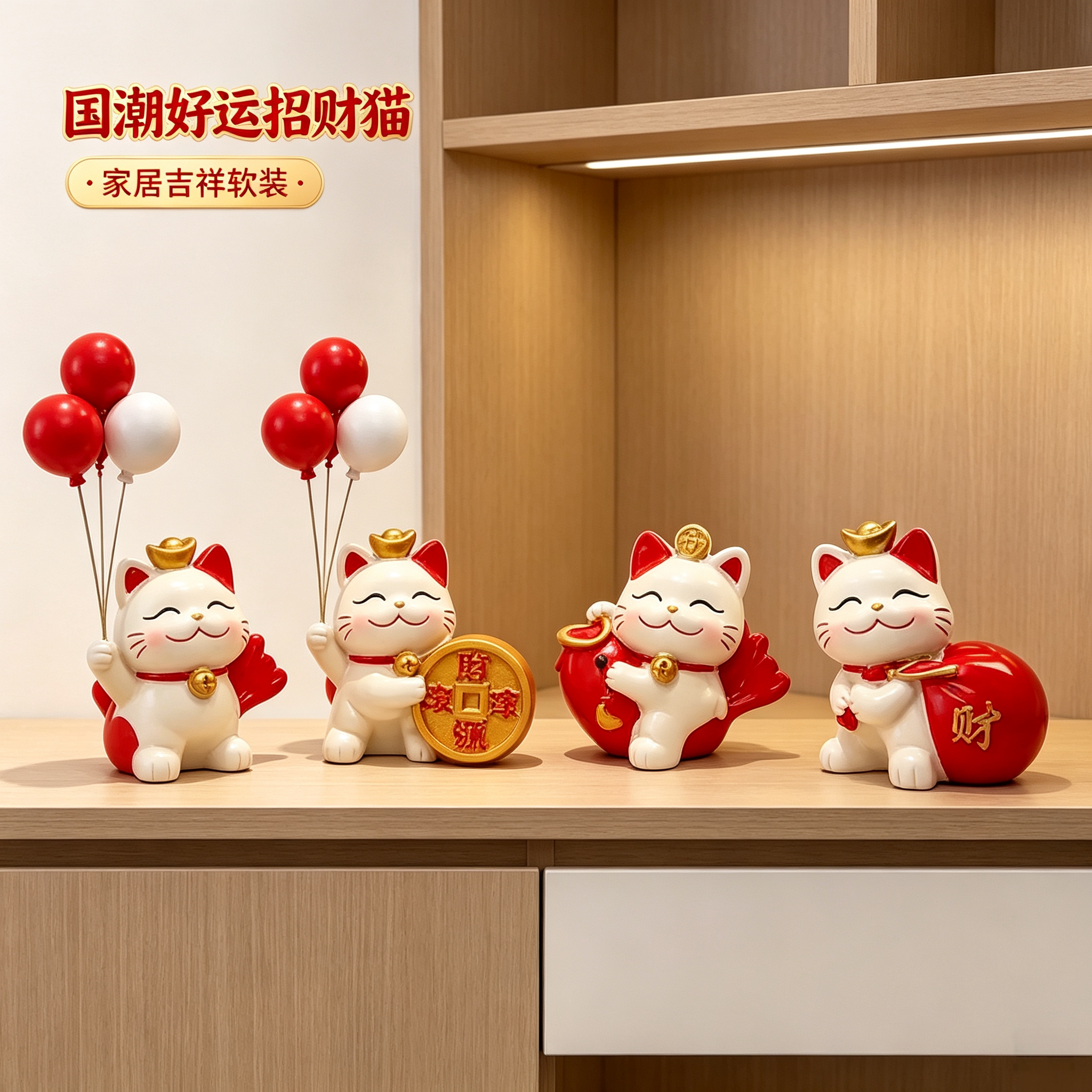 国潮好运招财猫气球摆件玄关电视柜酒柜家居软装乔迁入伙实用馈