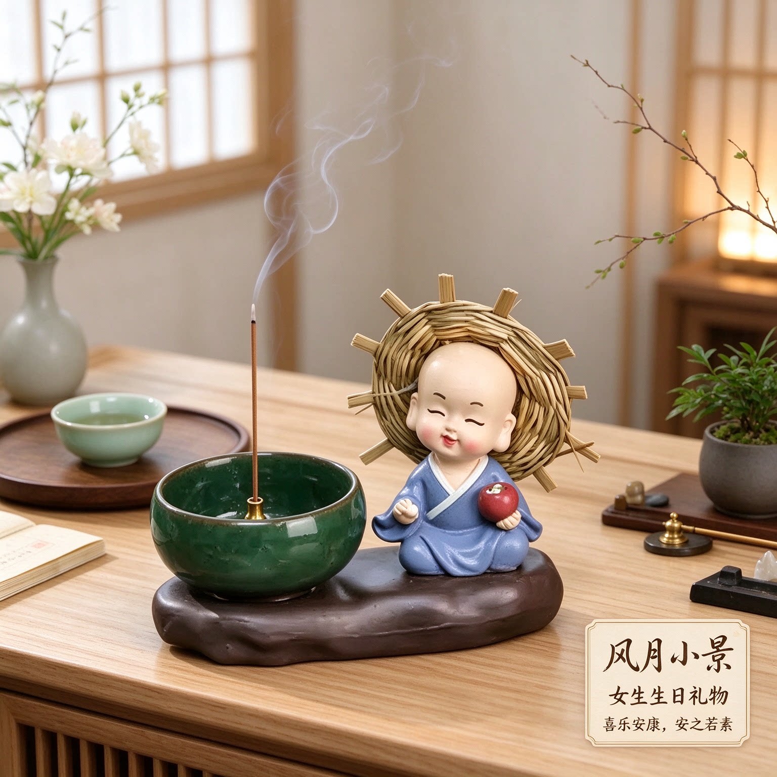 生日礼物女生宋式美学四不草帽小和尚摆件装饰品喜乐安康安之若素