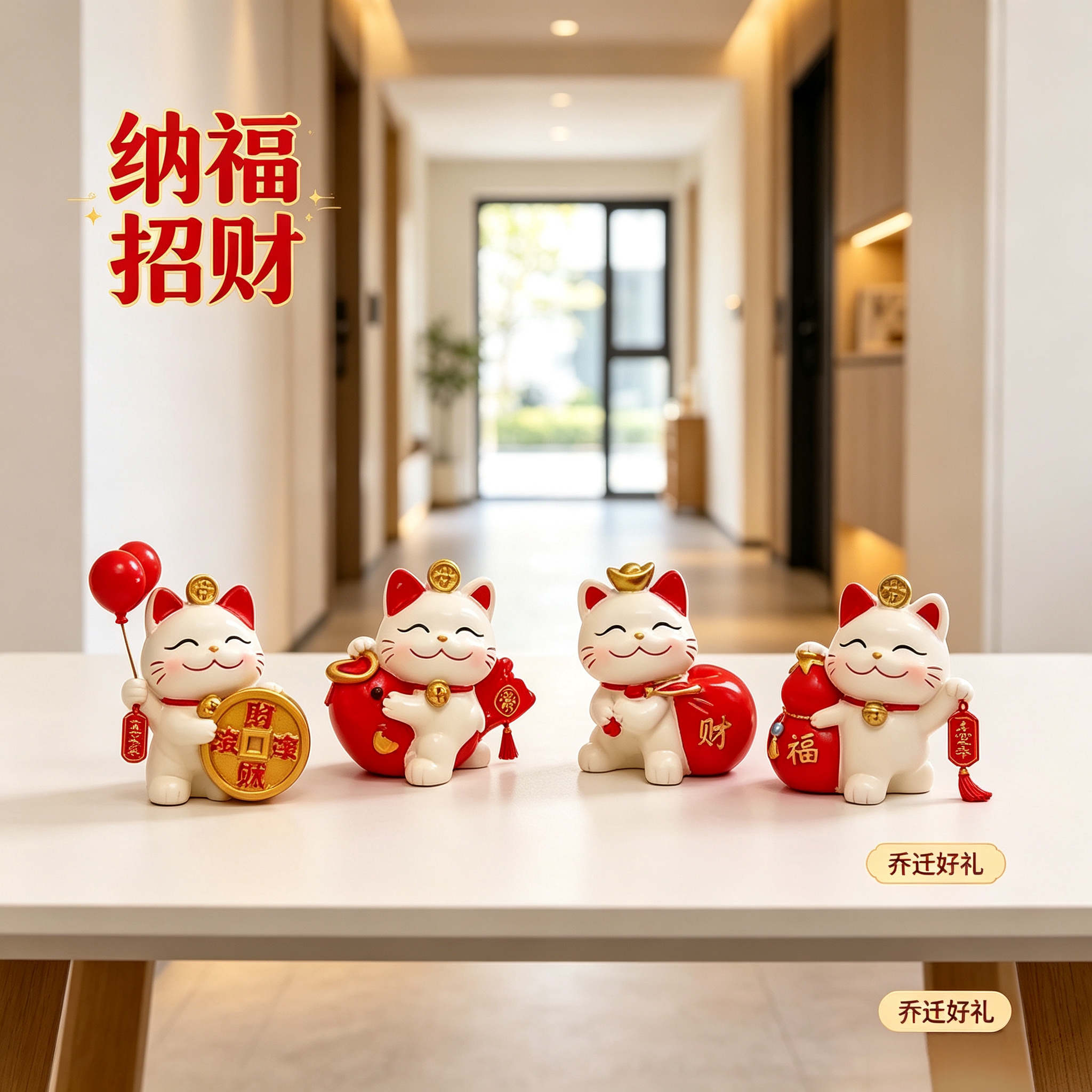 纳福福字气球招财猫摆件入户玄关酒柜电视柜桌面软装乔迁新居送礼