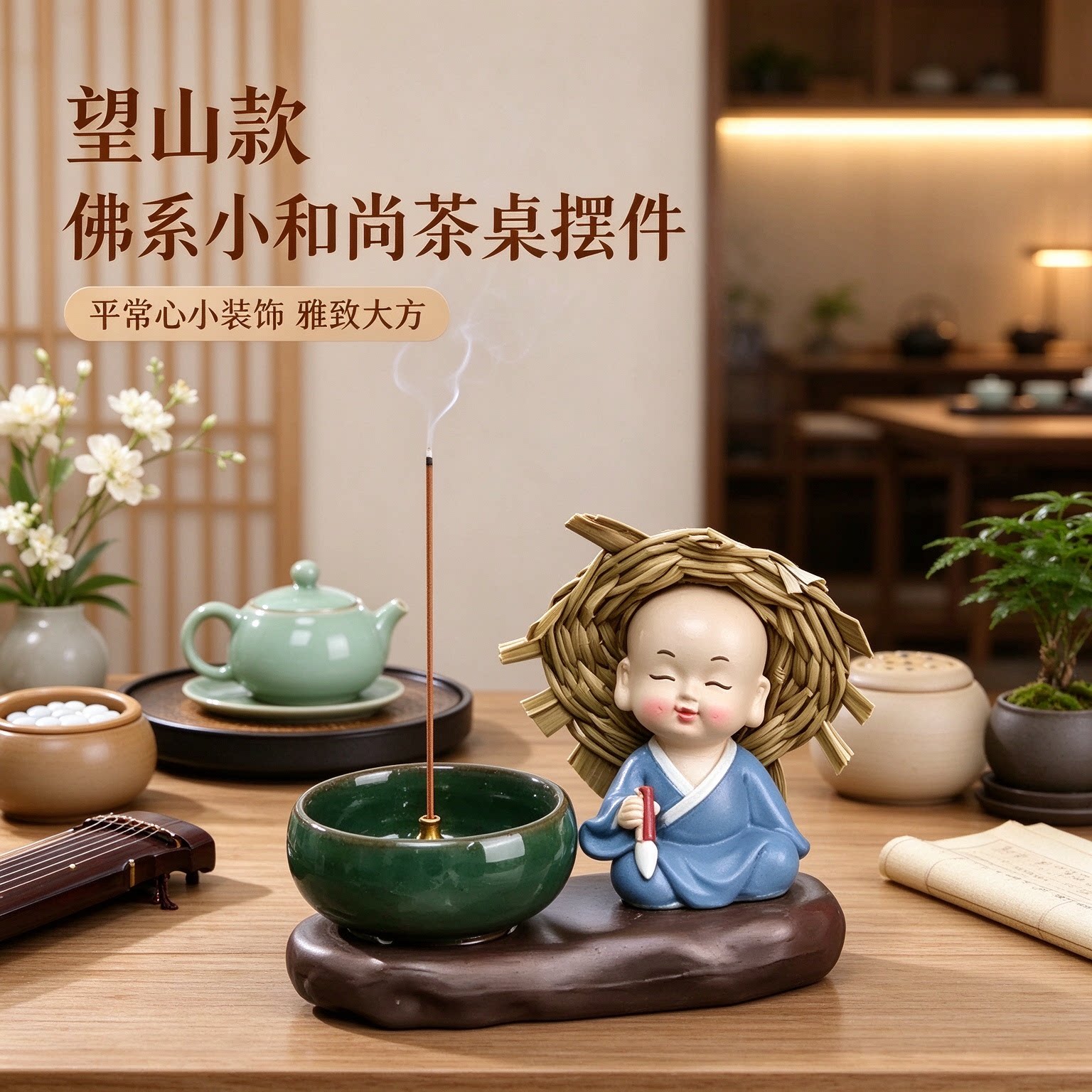 佛系小和尚茶宠草帽茶桌摆件平常心小装饰雅致大方赏心悦目雅趣