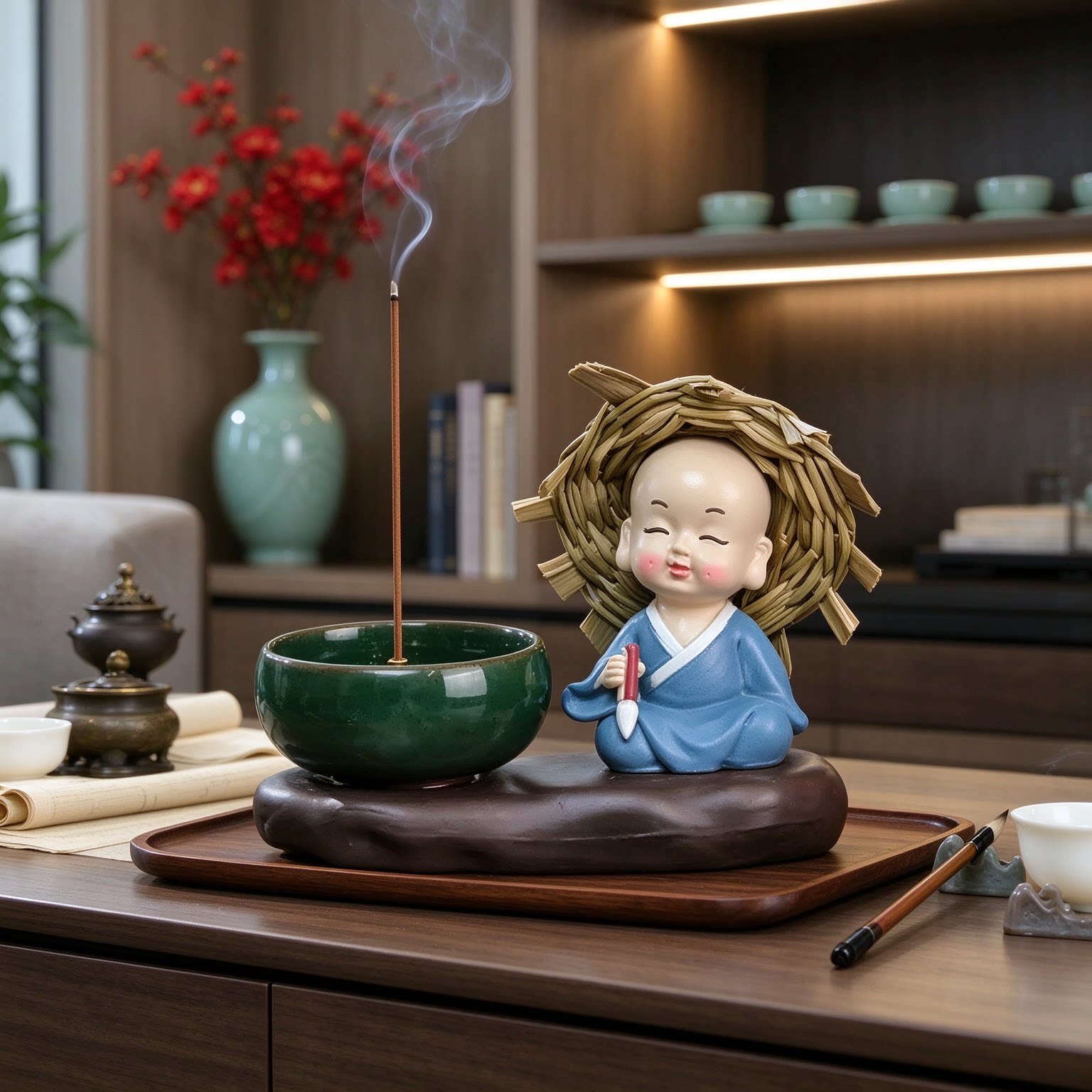 禅意小和尚电视柜执笔陶瓷工艺品摆件小装饰悠然自在一念清净清欢