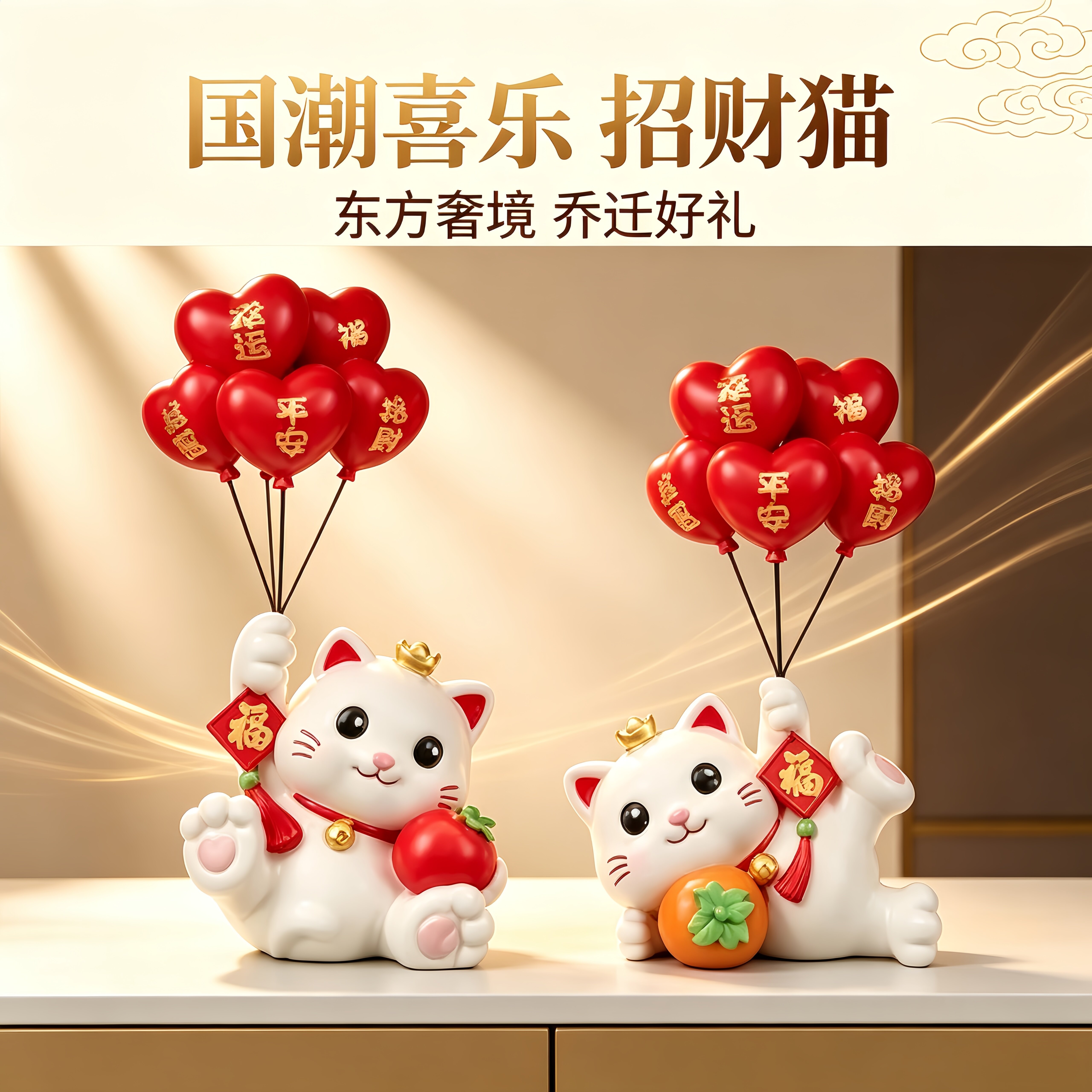东方奢境国潮喜乐招财猫摆件入户玄关家居陈设乔迁高端伴手礼摆件