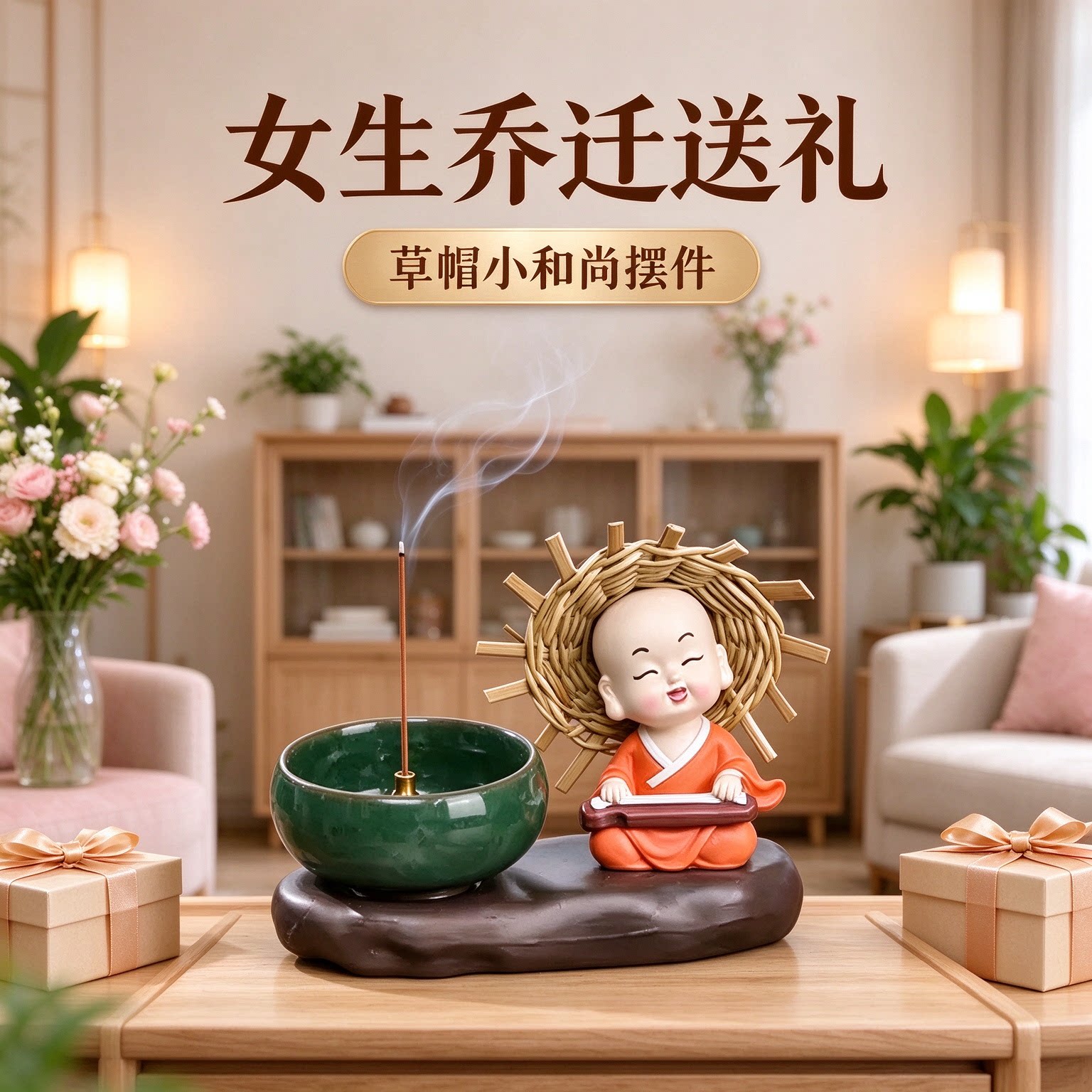 女生乔迁送礼草帽小和尚执笔陶瓷工艺品摆件摆设趣味盎然知足常乐