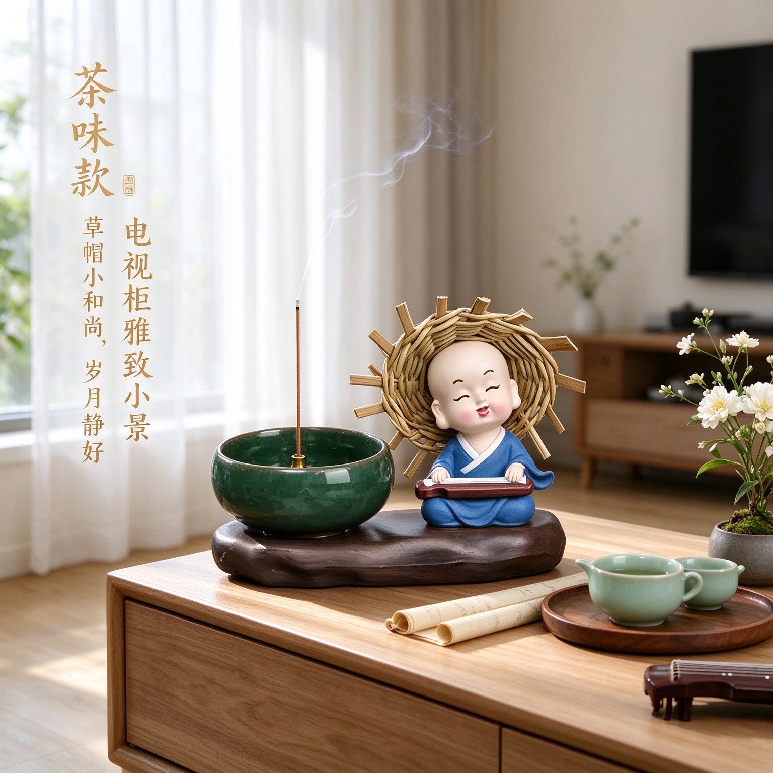 新中式草帽小和尚四不电视柜摆件雅致摆设岁月静好称心如意东方韵