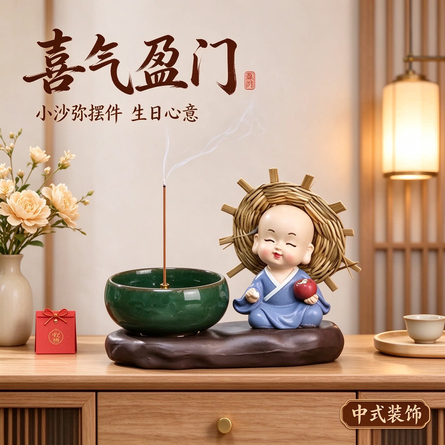 中式生日礼物女生小沙弥摆件茶桌送同事装饰品笑口常开喜气盈门