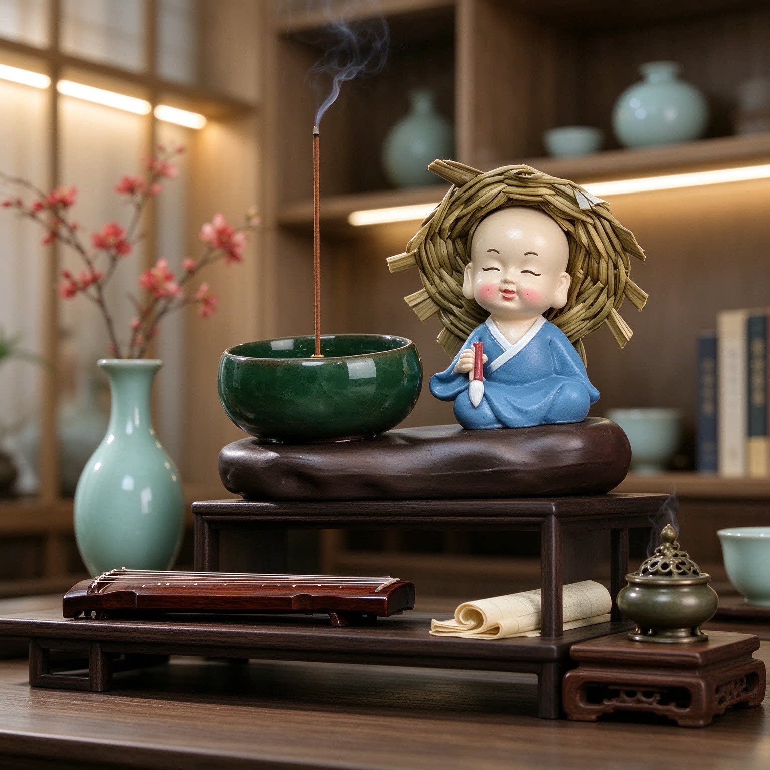 宋式美学四不小和尚抚琴博古架摆件小装饰怡然自得淡定从容雅致