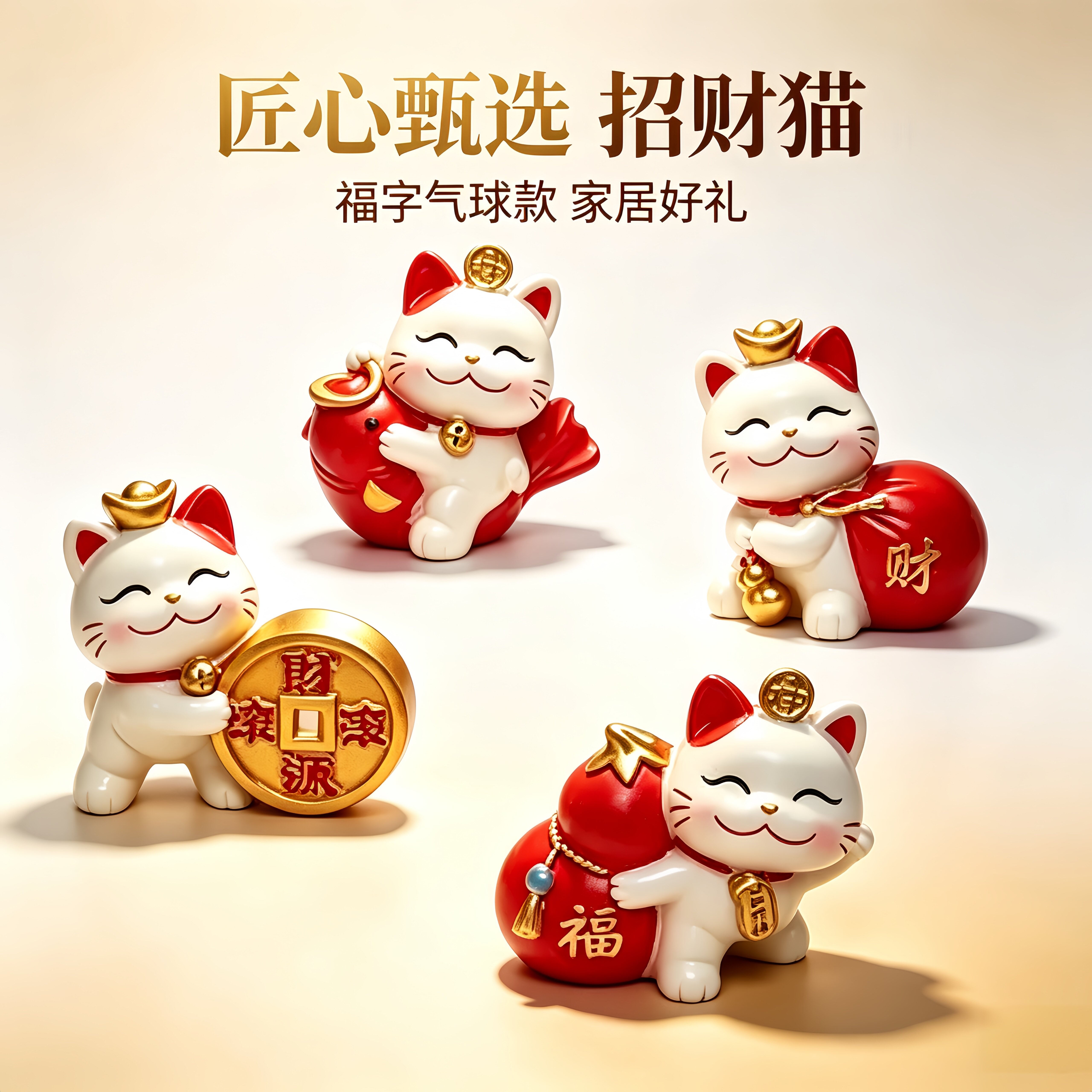 匠心甄选福字气球招财猫摆件客厅酒柜玄关高档家居乔迁开业贺礼