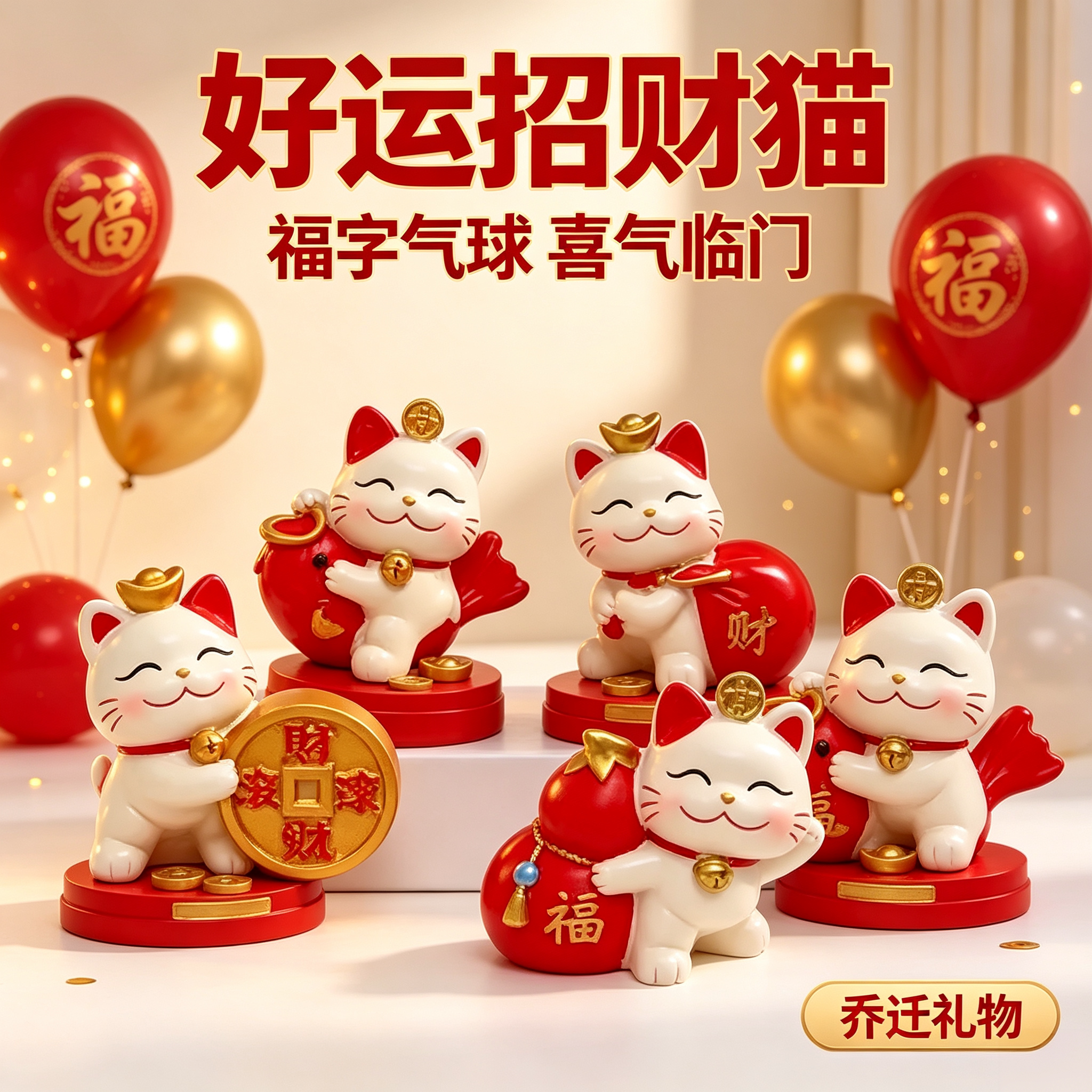好运福字气球招财猫摆件客厅酒柜玄关桌面摆放家居装饰乔迁新居