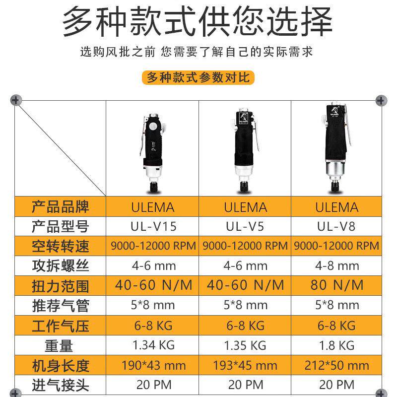 ULEMA气动螺丝刀风批5H8H工业级风动起子台湾进口螺丝批气批风批