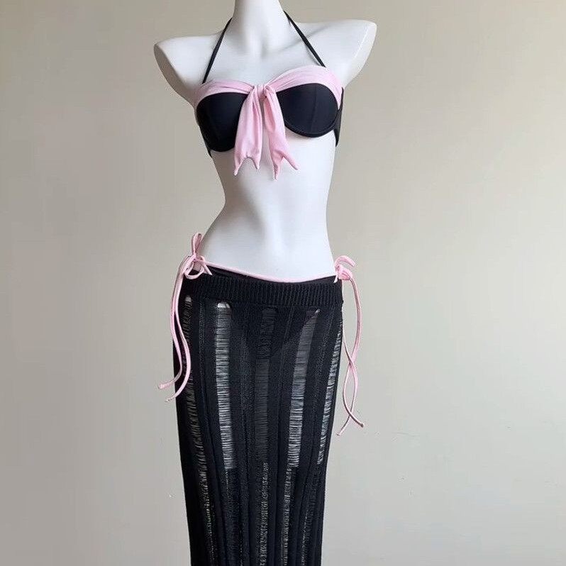 海边度假风分体泳衣女抹胸撞色比基尼小胸聚拢三件套针织沙滩裙