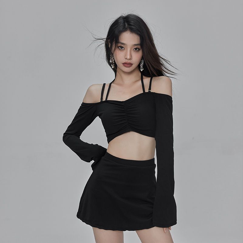 炸街辣妹分体裙式长袖游泳衣女显瘦遮肚小胸一字肩锁骨ins泡温泉