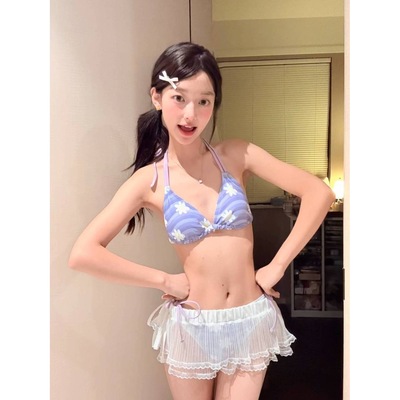 拍照纯欲带胸垫遮肉日系甜美ins紫色条纹花朵比基尼分体泳衣温泉