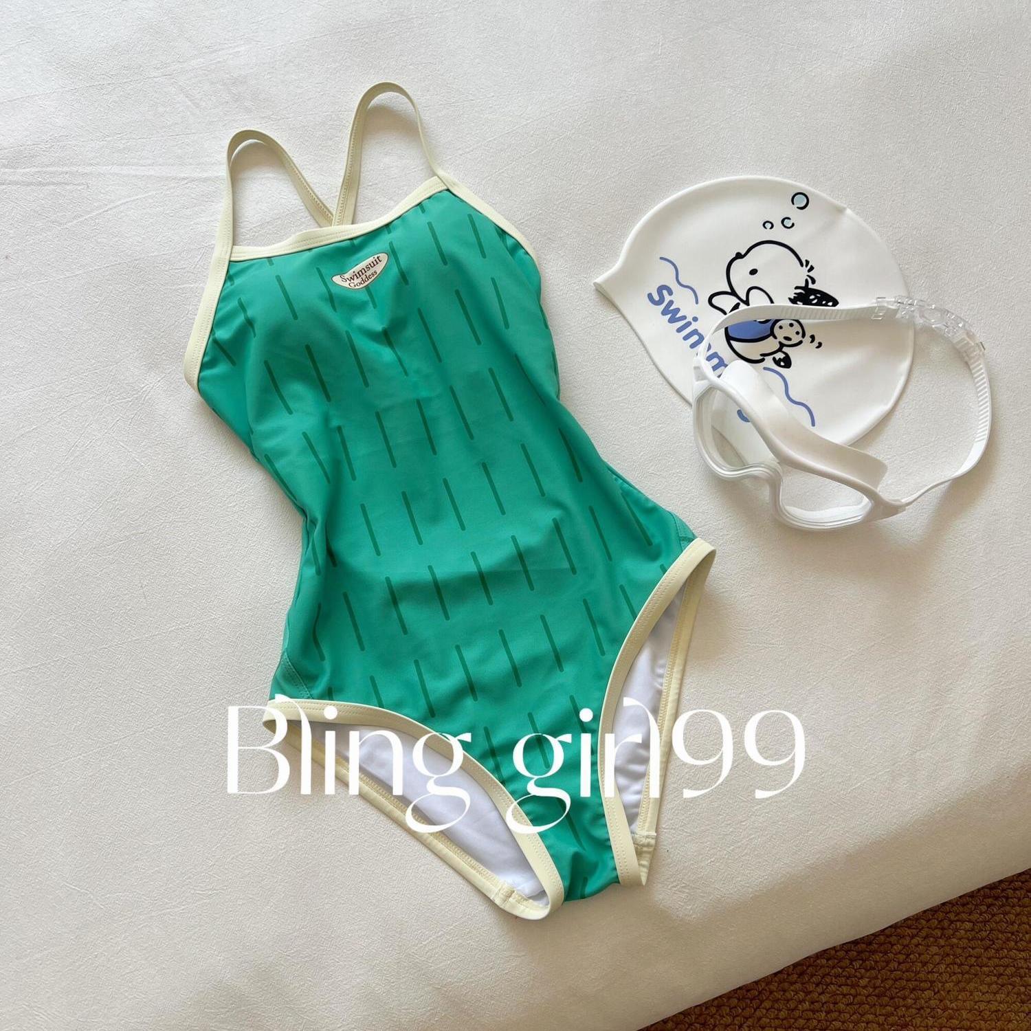 【青柠苏打水】小清新显瘦遮肚竞速游泳连体速干专业训练竞速泳衣