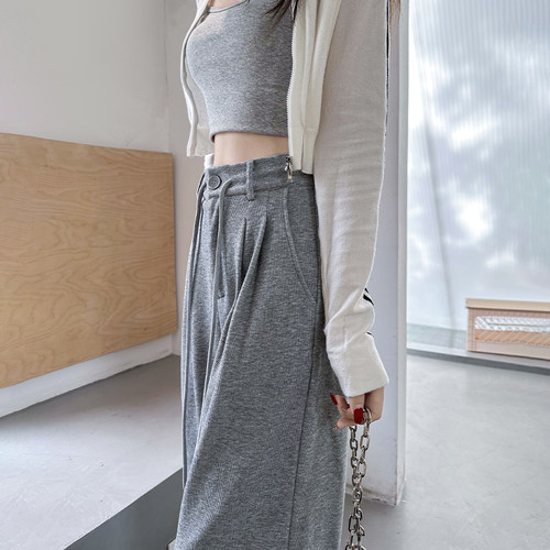 高腰简约长裤显瘦抽绳阔腿裤