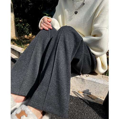 高腰简约长裤显瘦加绒阔腿裤