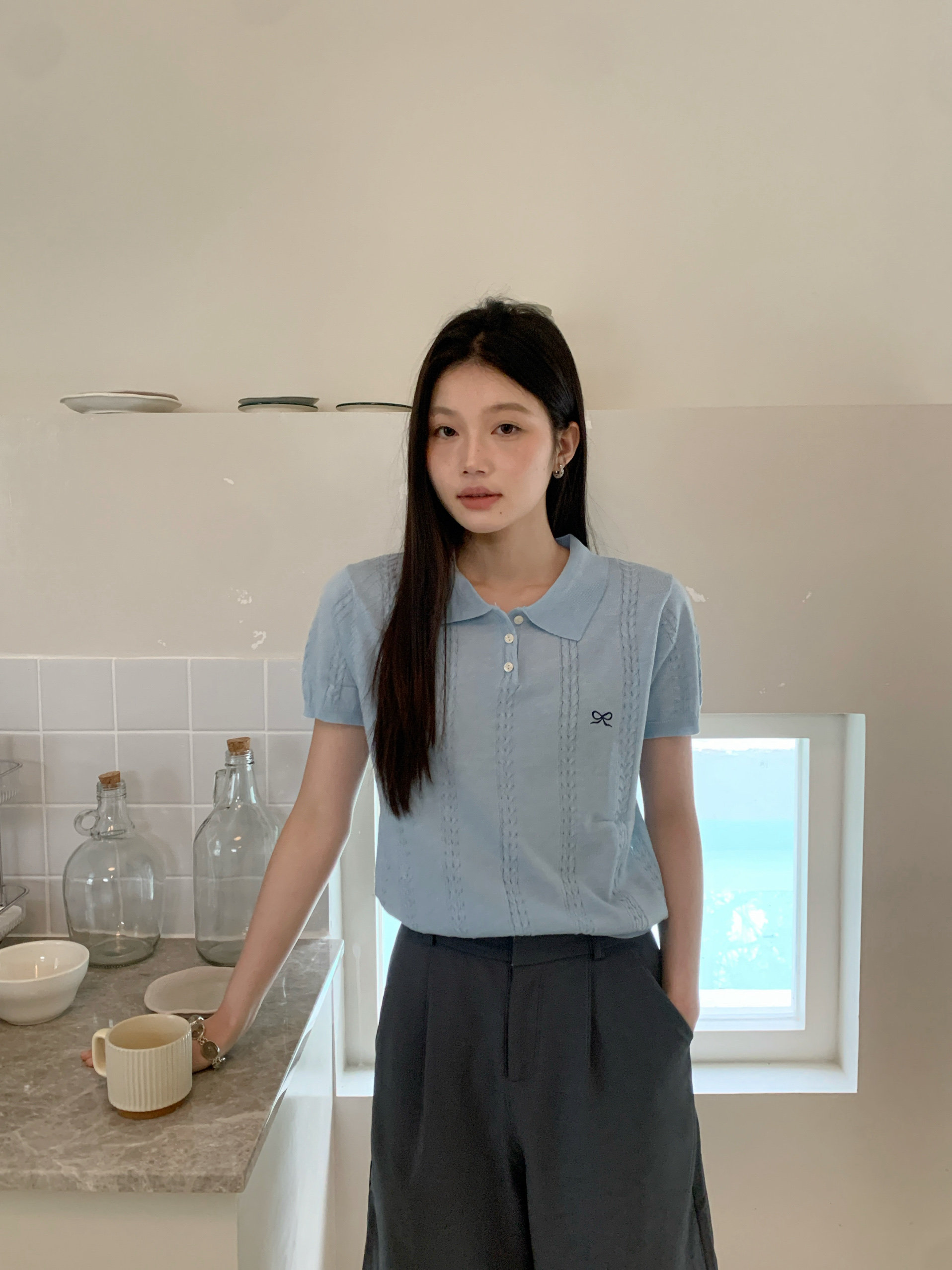 Leoday自制夏小众设计款短袖polo领针织薄上衣透气