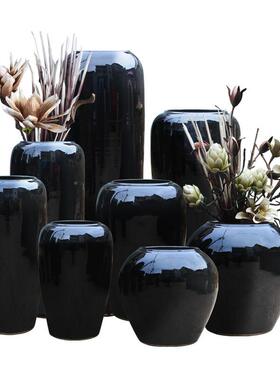黑色地酒店大堂落瓷花瓶摆件干支陶罐陶插器别墅样板房摆WFD花件
