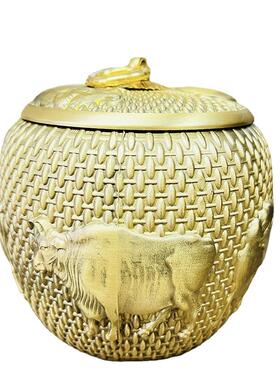 纯铜五罐牛茶叶罐密罐便携创意五牛图铜罐高储物黄PWK铜摆封件精