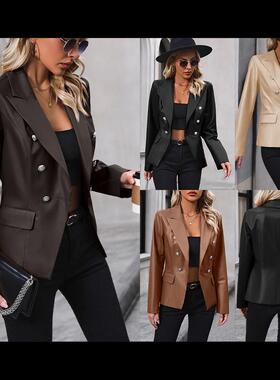 Womens Double Breasted Suit Jacket Tops Motorcycle Leather