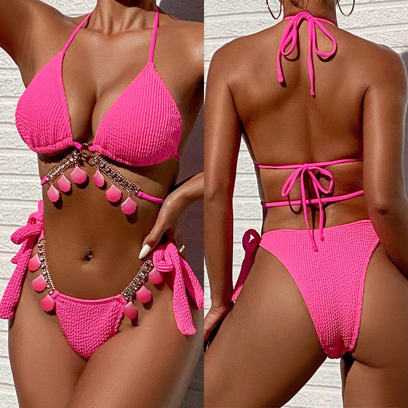 Sexy solid color split two-piece shell halter neck strap