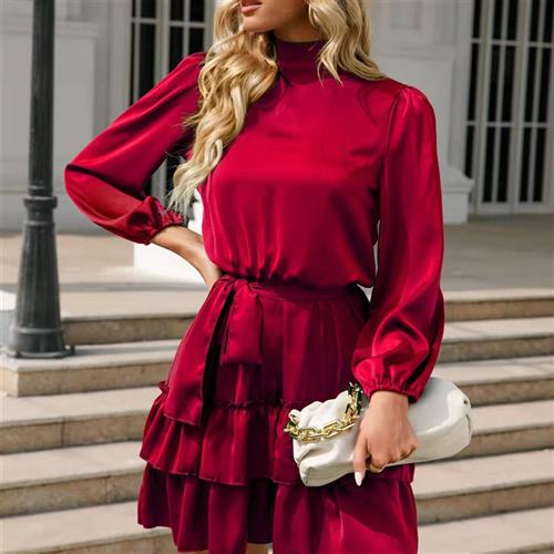 Womens solid collar color skirt belt high cake satin