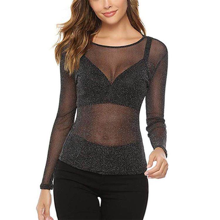 Womens high elastic silver mesh hollow long-sleeved top