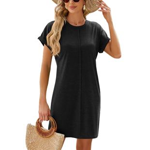 neck skirt stitching short round Womens sleeve loose