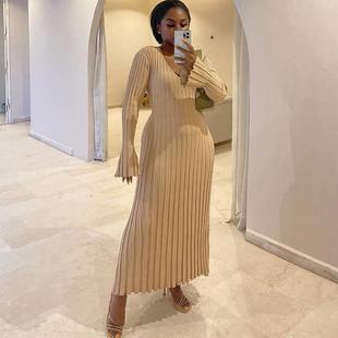 long knitted waist for casual neck dress women slim