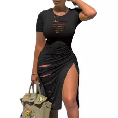 Dress Hip Neck Round Sleeve Short Drawstring Slit Ripped