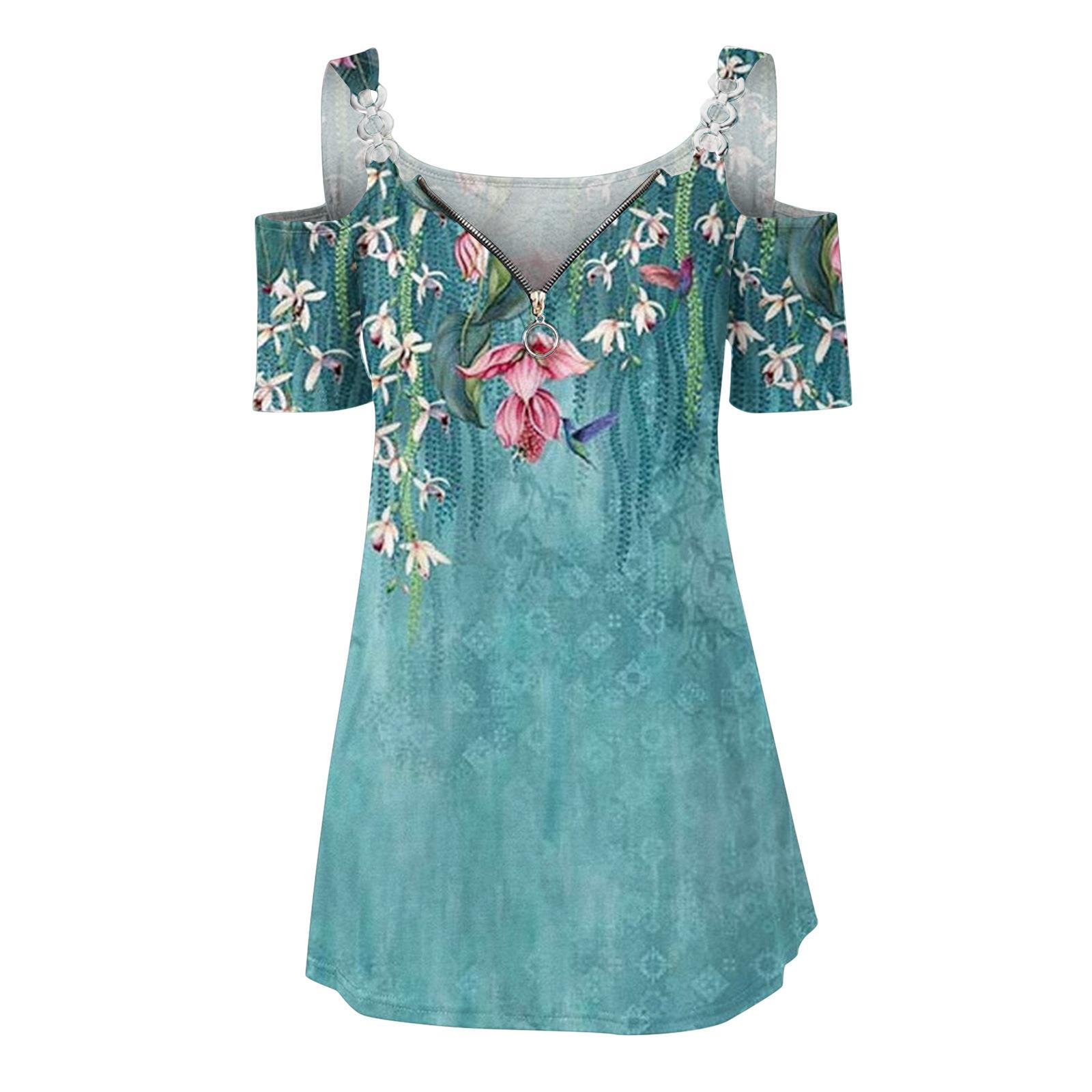 straps zipper metal shoulder short-sleeved top ring V-neck