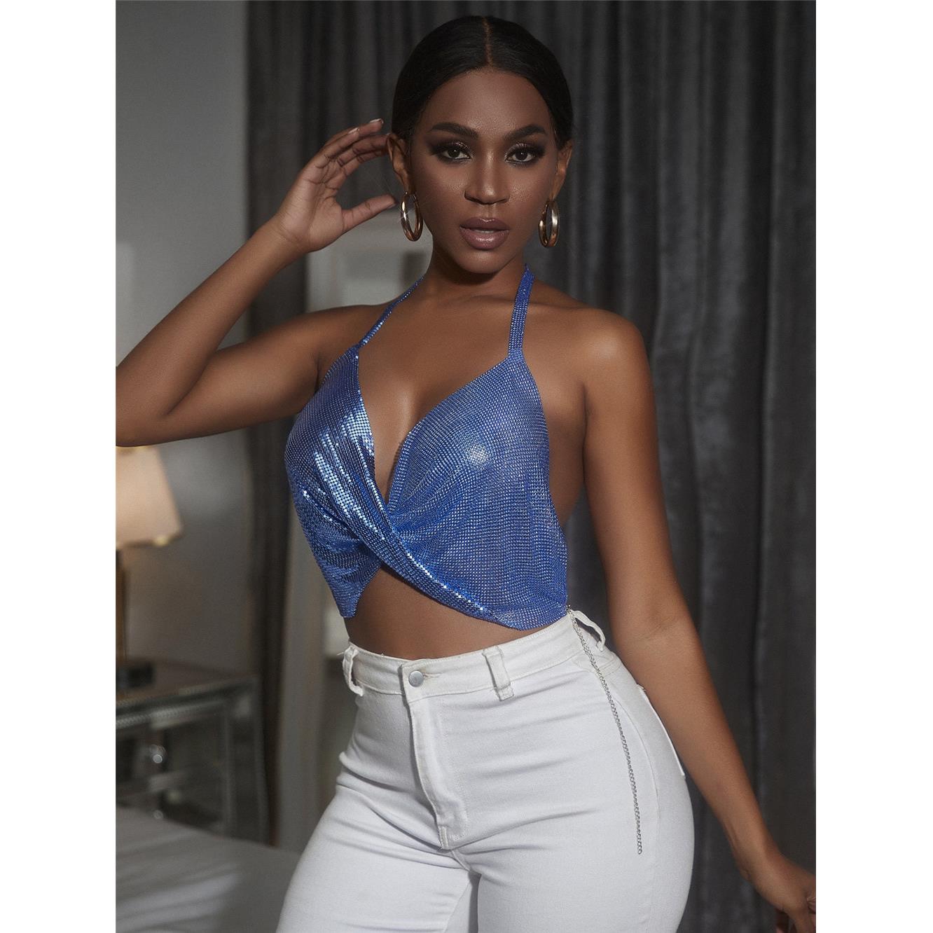 vest small navel-baring backless fit slim neck halter blue