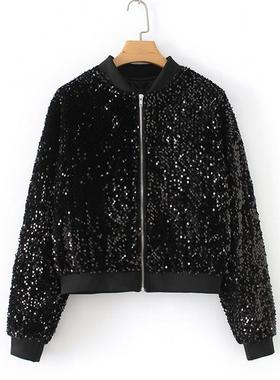 outerwears zipper bomber women color black baseball sequins