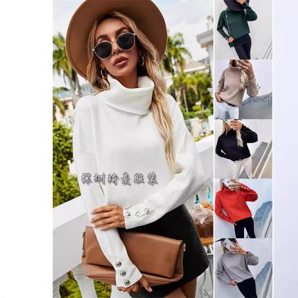 Winter pullover womens color knitted button solid