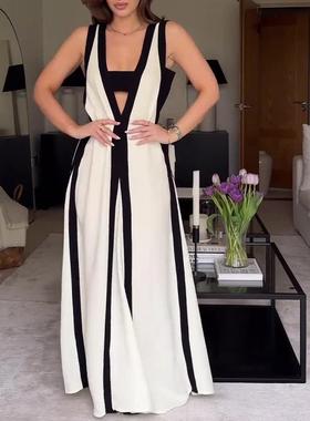 for white women color dress beige contrast dress long black