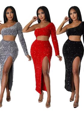 dress womens hip-wrapped slit navel-baring sexy sequined