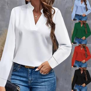 loose tops solid women shirt neck color casual Simple