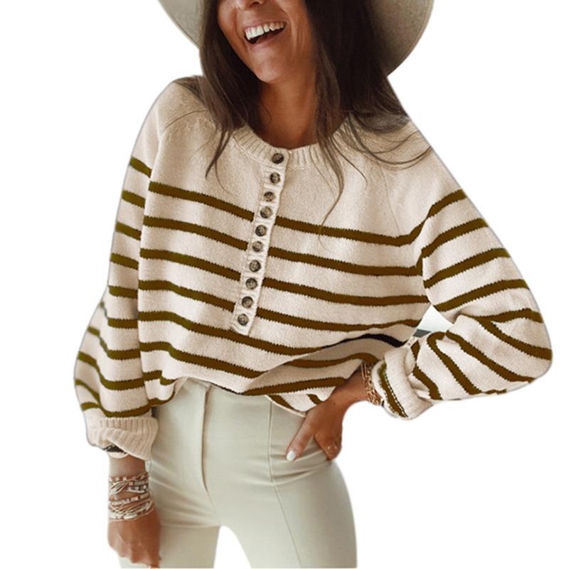 fashion women sweater long button round neck striped loose