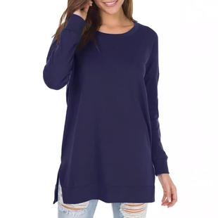 sleeve long neck slits loose sweater round clothing with