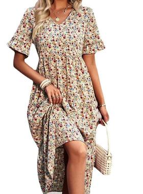 Sundress Long Beach Flowing Sleeve Short V-Neck Bohemian