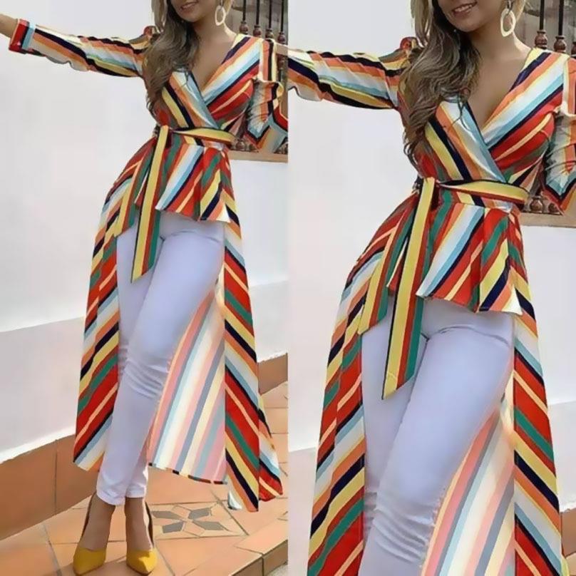 V-neck striped long dress deep short and with coat Rainbow