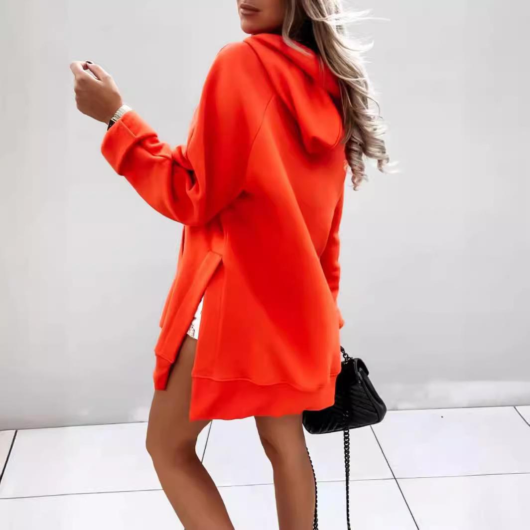 Womens long sleeve solid color pocket hooded sweatshirt