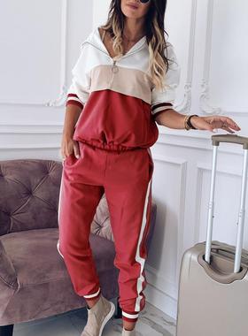 Colorblocked Short Lace-up Hooded Fashion Casual Sweater