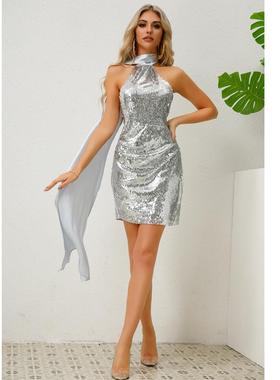 dress ribbon short backless slim sequined neck halter