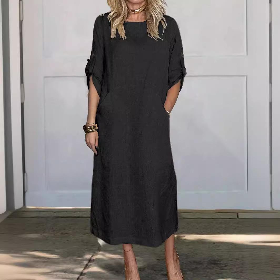 neck cotton dress linen long pocket color round and side